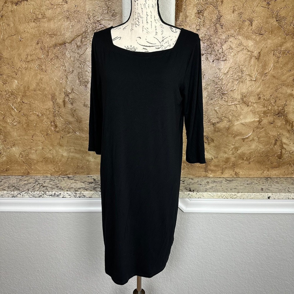 Eileen Fisher‎ Midi Boxy Dress Womens Medium 3/4 Sleeve Quiet Luxury Black Knit